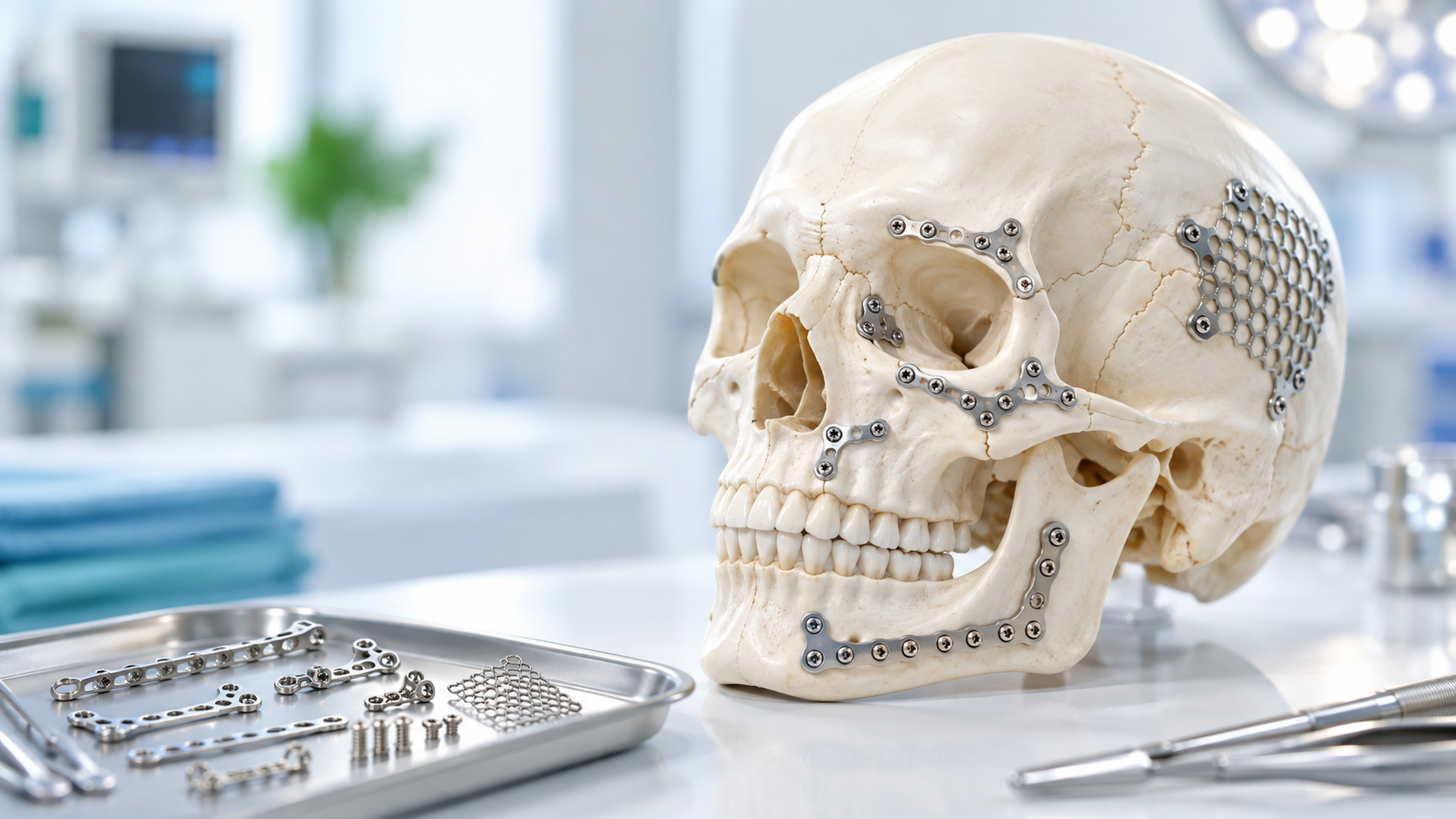 Anatomical skull model demonstrating maxillofacial fixation plates, screws, mesh and implant components